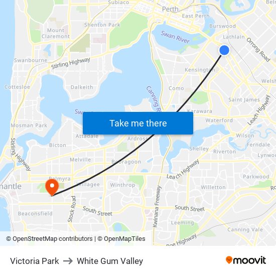 Victoria Park to White Gum Valley map