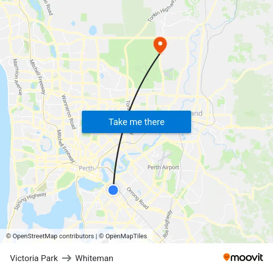 Victoria Park to Whiteman map
