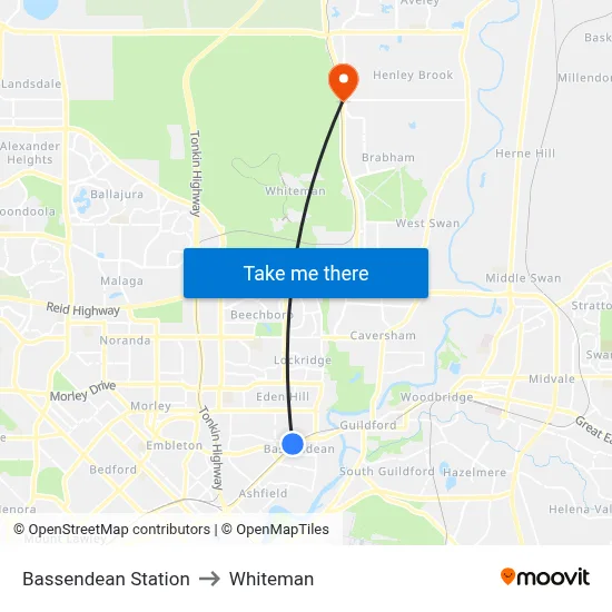 Bassendean Station to Whiteman map