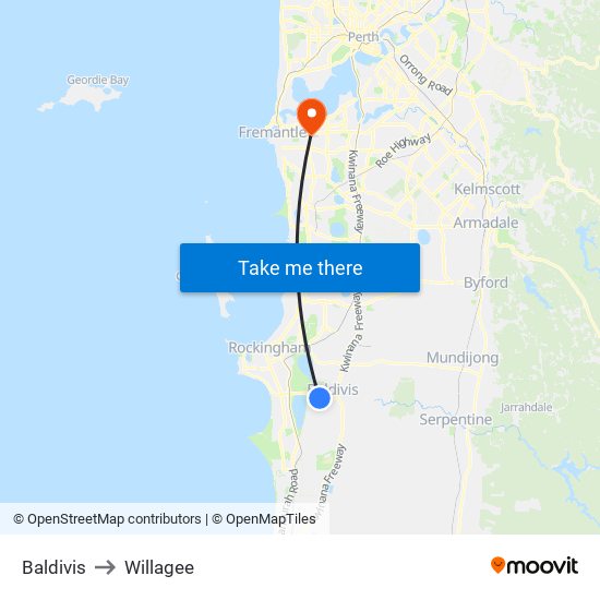Baldivis to Willagee map