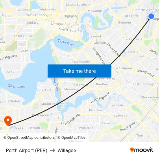 Perth Airport (PER) to Willagee map