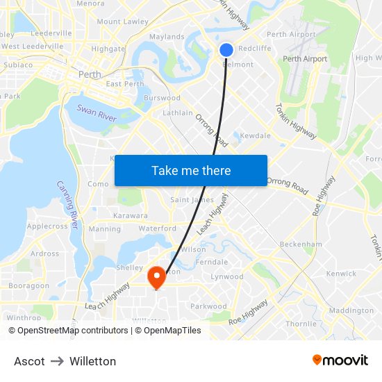 Ascot to Willetton map