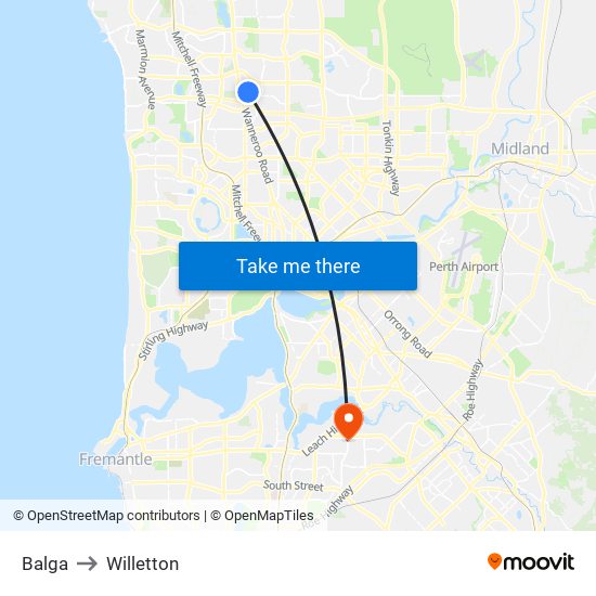 Balga to Willetton map