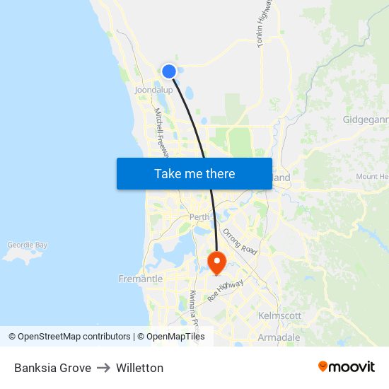 Banksia Grove to Willetton map