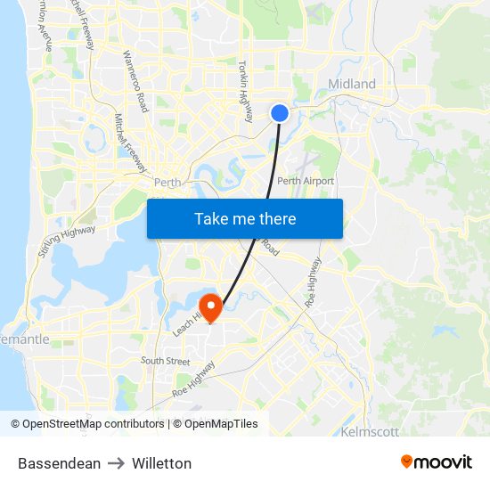 Bassendean to Willetton map