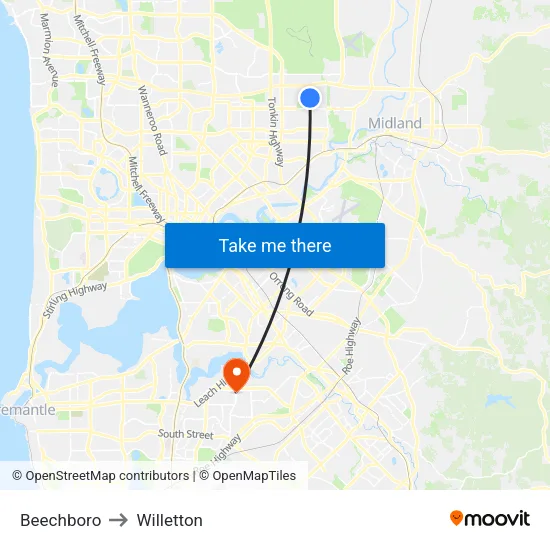 Beechboro to Willetton map