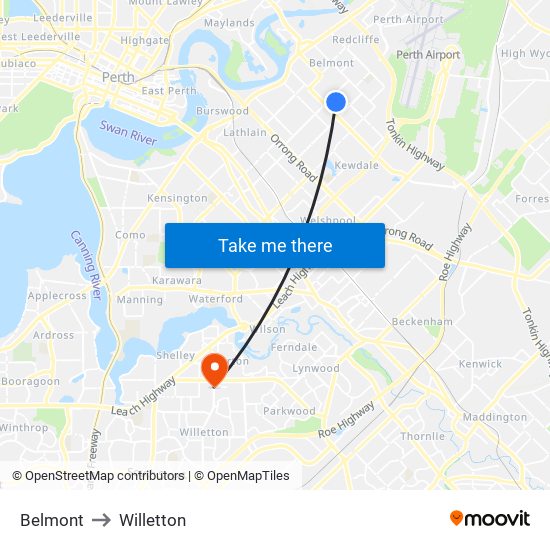 Belmont to Willetton map