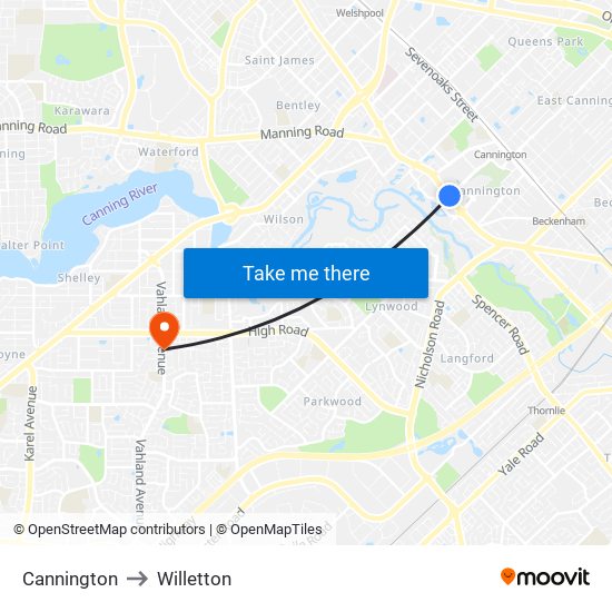 Cannington to Willetton map