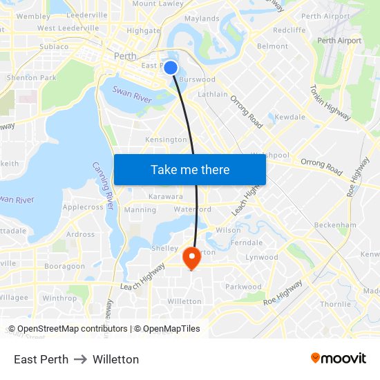 East Perth to Willetton map