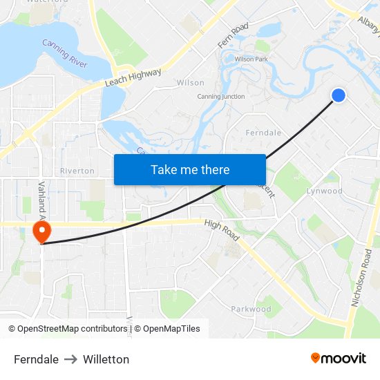 Ferndale to Willetton map