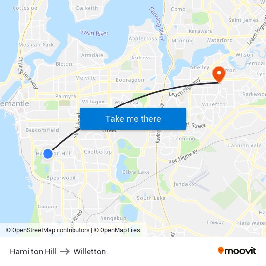 Hamilton Hill to Willetton map