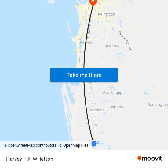 Harvey to Willetton map