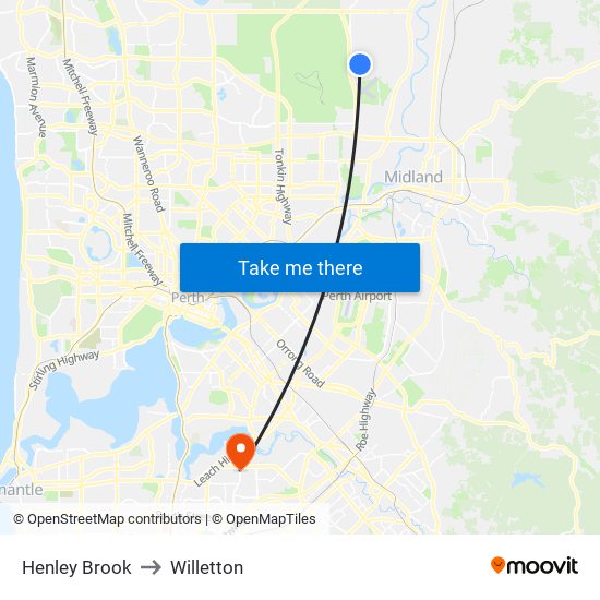 Henley Brook to Willetton map