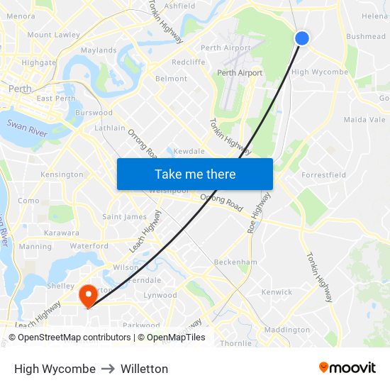 High Wycombe to Willetton map