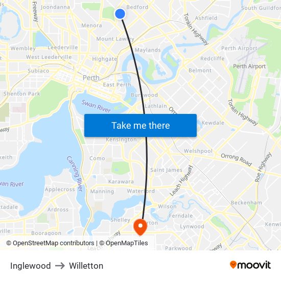 Inglewood to Willetton map