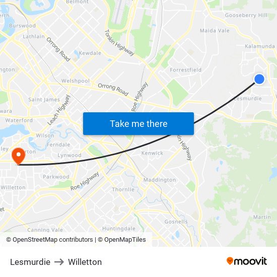 Lesmurdie to Willetton map