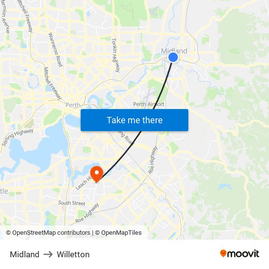 Midland to Willetton map