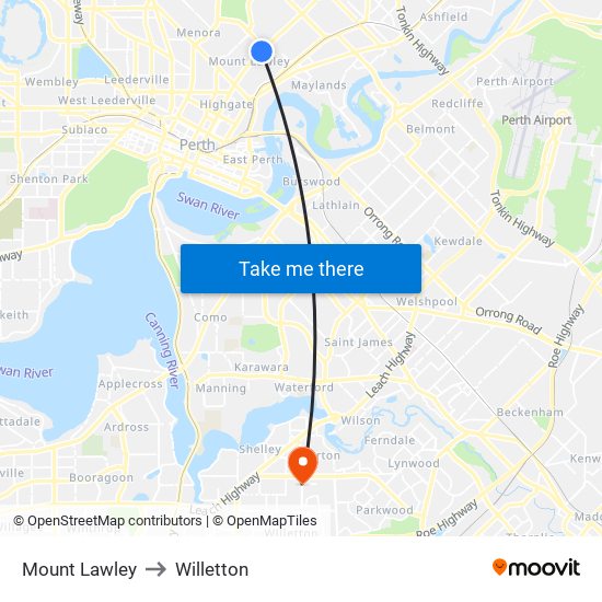 Mount Lawley to Willetton map