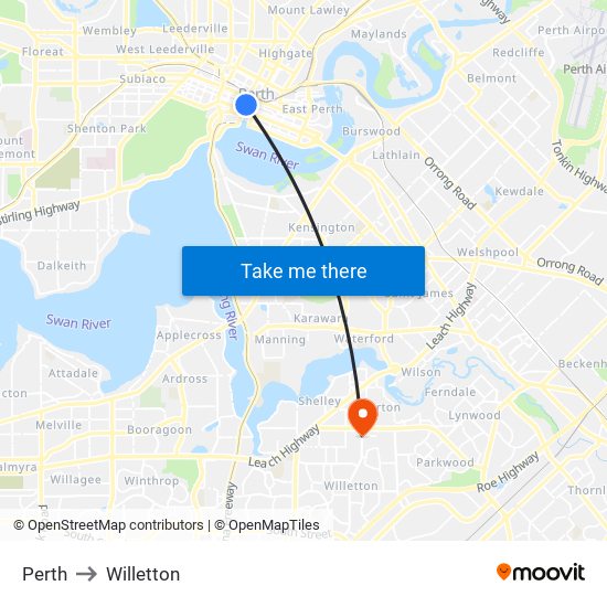Perth to Willetton map