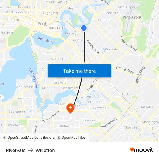 Rivervale to Willetton map