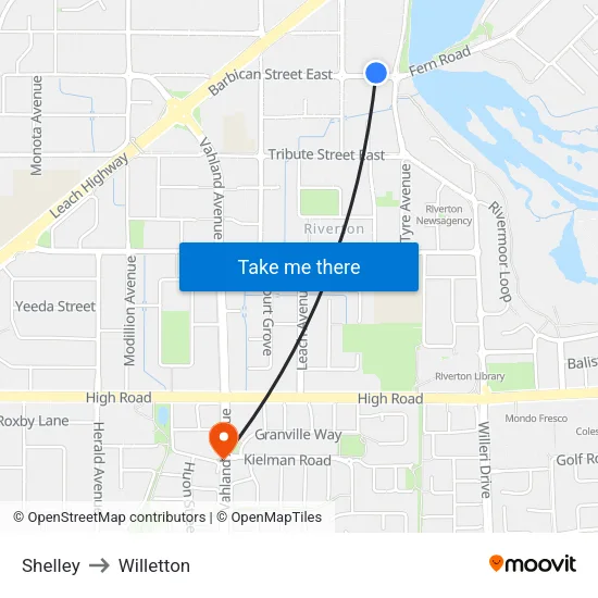 Shelley to Willetton map