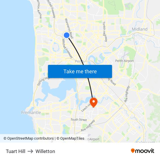 Tuart Hill to Willetton map
