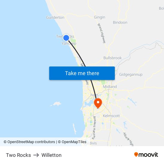 Two Rocks to Willetton map