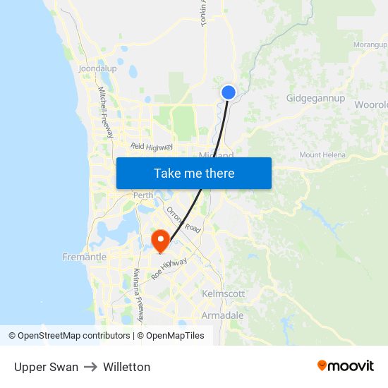 Upper Swan to Willetton map