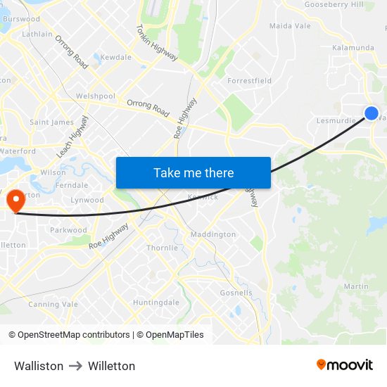 Walliston to Willetton map