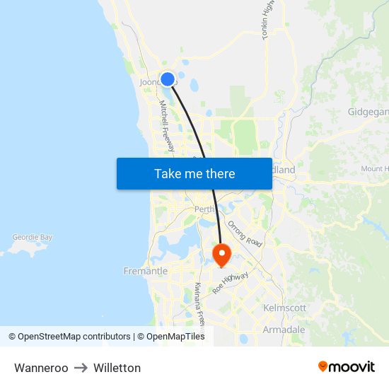 Wanneroo to Willetton map