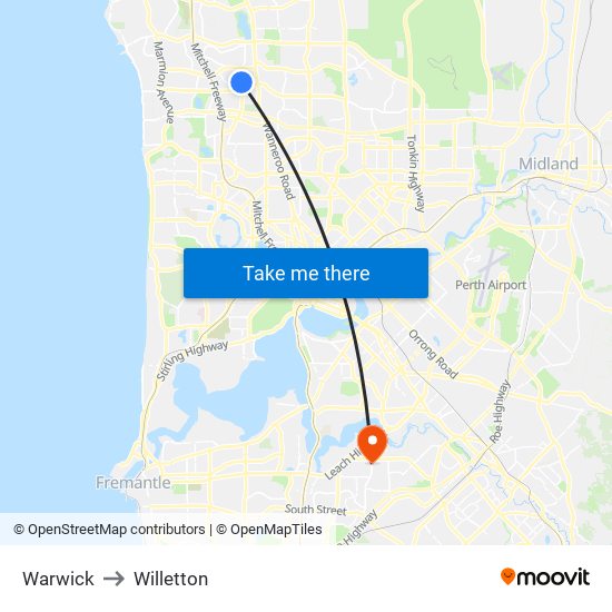 Warwick to Willetton map