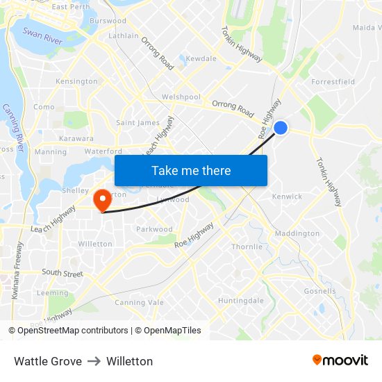 Wattle Grove to Willetton map