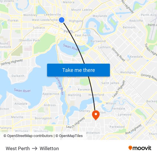 West Perth to Willetton map