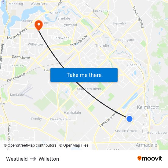 Westfield to Willetton map