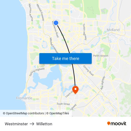 Westminster to Willetton map