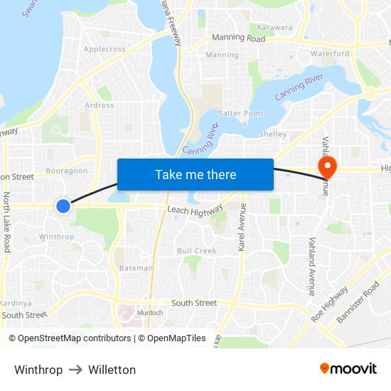 Winthrop to Willetton map