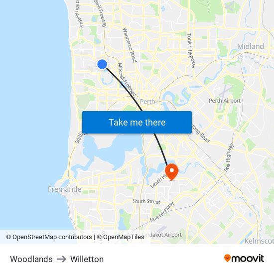 Woodlands to Willetton map