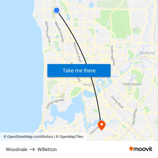 Woodvale to Willetton map