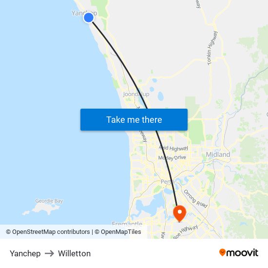 Yanchep to Willetton map