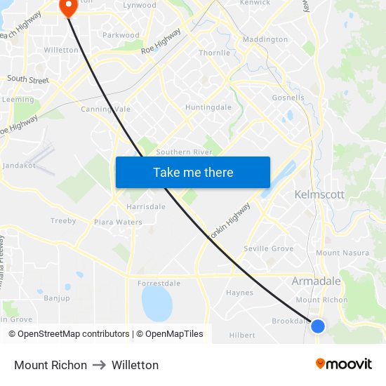 Mount Richon to Willetton map