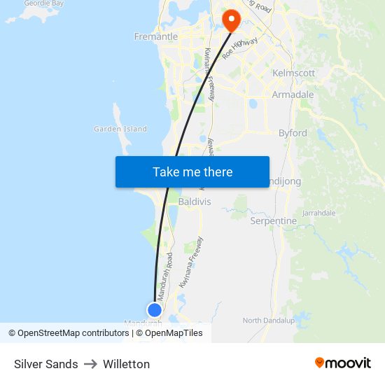 Silver Sands to Willetton map