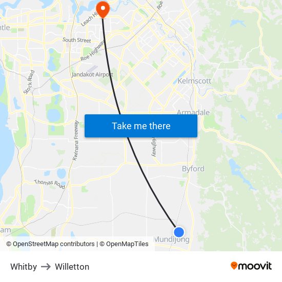 Whitby to Willetton map