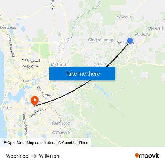 Wooroloo to Willetton map