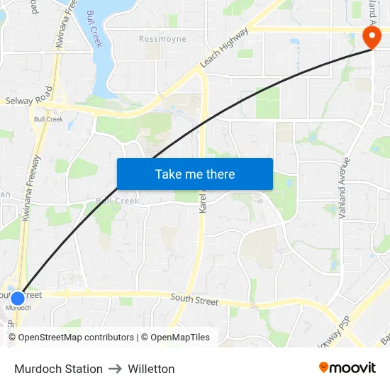 Murdoch Station to Willetton map