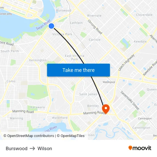 Burswood to Wilson map