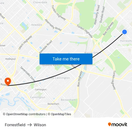 Forrestfield to Wilson map