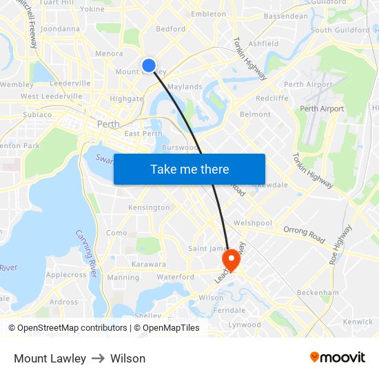 Mount Lawley to Wilson map