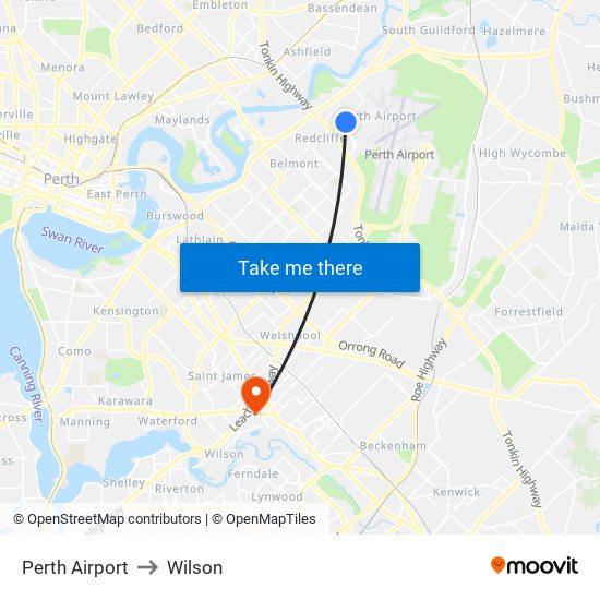 Perth Airport to Wilson map