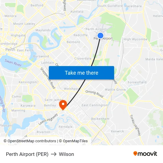 Perth Airport (PER) to Wilson map