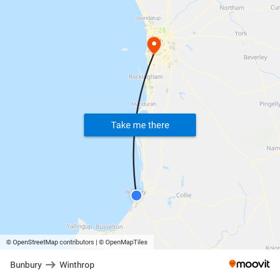 Bunbury to Winthrop map